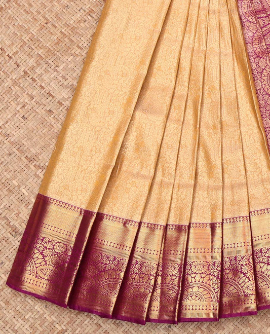 Sandal Budget Silk Saree, Woven with Jacquard, Complemented by Contrast Traditional Zari Border, Grand Pallu, and Contrast Blouse