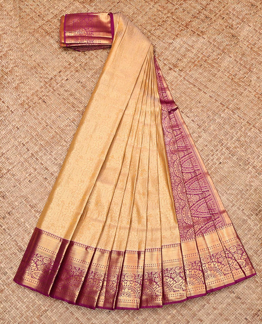 Sandal Budget Silk Saree, Woven with Jacquard, Complemented by Contrast Traditional Zari Border, Grand Pallu, and Contrast Blouse