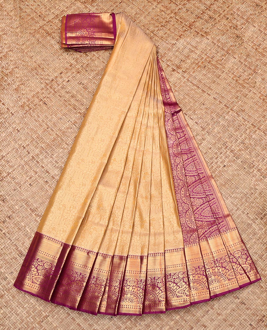 Sandal Budget Silk Saree, Woven with Jacquard, Complemented by Contrast Traditional Zari Border, Grand Pallu, and Contrast Blouse