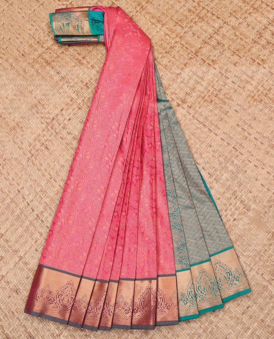 Pink Budget Silk Saree, Bedecked with Jacquard Design, Complemented by a Contrast Zari Border, Grand Pallu, and a Contrast Blouse