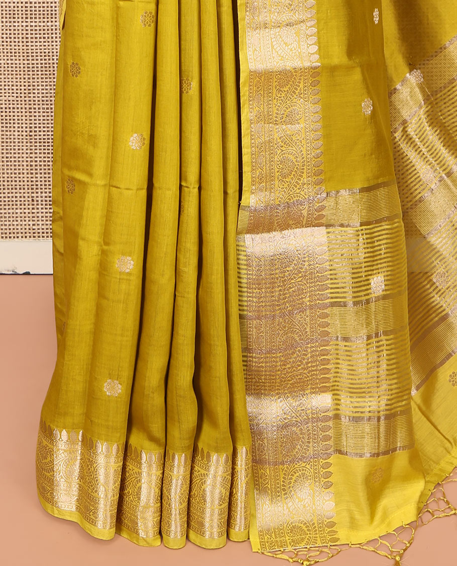 Green Assam Silk Saree, Delicately Woven with Zari Buttas, Highlighted by a Zari Floral Creeper Woven Border, Zari-Striped Pallu, and a Matching Blouse
