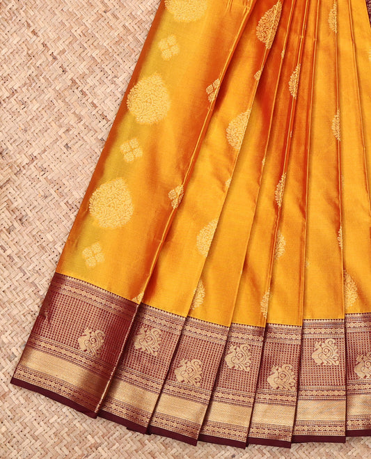 Yellow Budget Silk Saree, Subtly Sparkled with Zari Buttas, Complemented by a Contrast Traditional Zari Border, Grand Pallu, and a Contrast Blouse