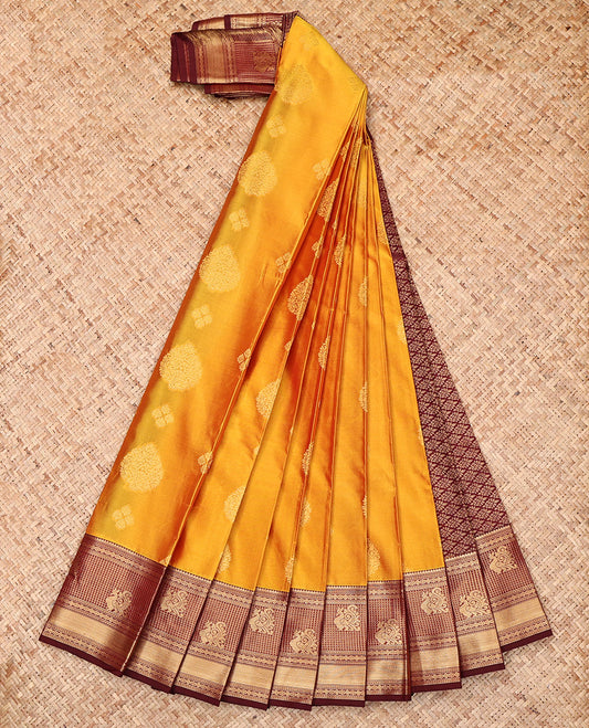 Yellow Budget Silk Saree, Subtly Sparkled with Zari Buttas, Complemented by a Contrast Traditional Zari Border, Grand Pallu, and a Contrast Blouse