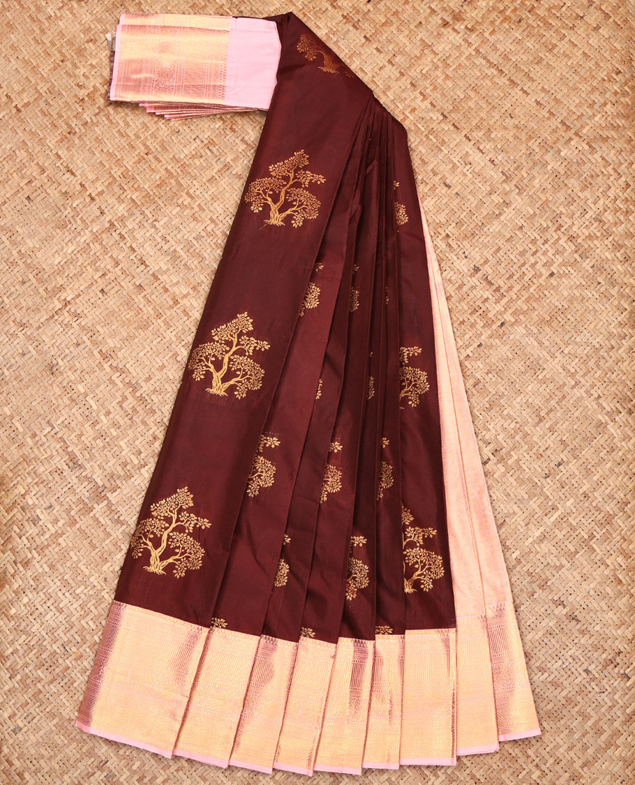 Brown Budget Silk Saree, Decked with Tree Zari Buttas, Complemented by a Contrast Traditional Border, Grand Pallu, and a Contrast Blouse