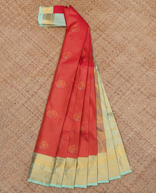 Red Budget Silk Saree, Ornamented with Peacock Buttas and Checks, a Contrast Traditional Zari Border, an Intricate Pallu and a Contrast Blouse