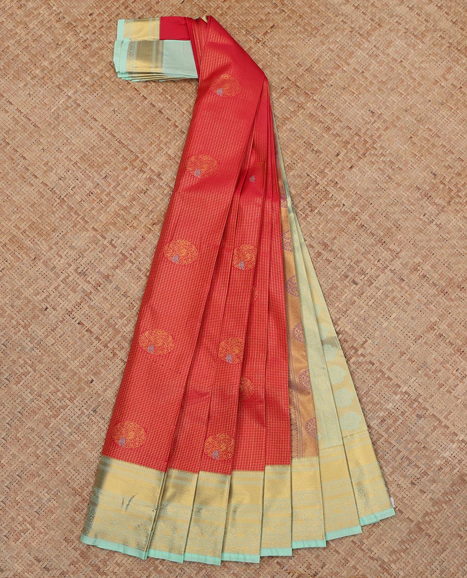 Red Budget Silk Saree, Ornamented with Peacock Buttas and Checks, a Contrast Traditional Zari Border, an Intricate Pallu and a Contrast Blouse