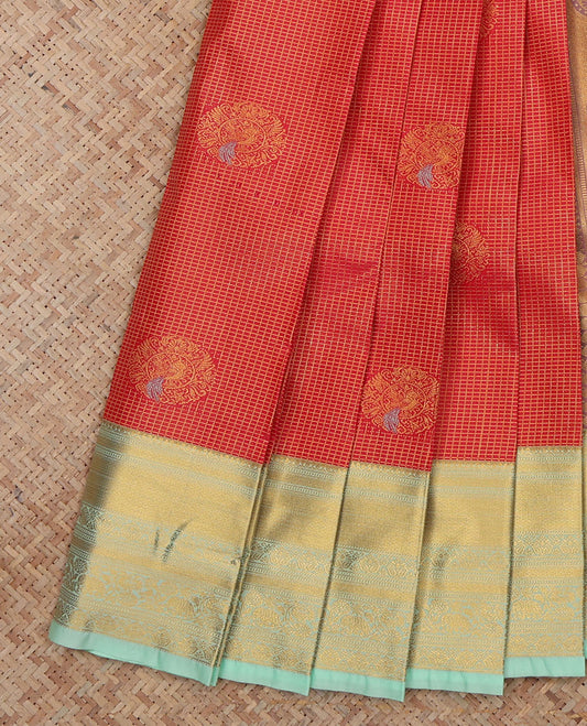 Red Budget Silk Saree, Ornamented with Peacock Buttas and Checks, a Contrast Traditional Zari Border, an Intricate Pallu and a Contrast Blouse
