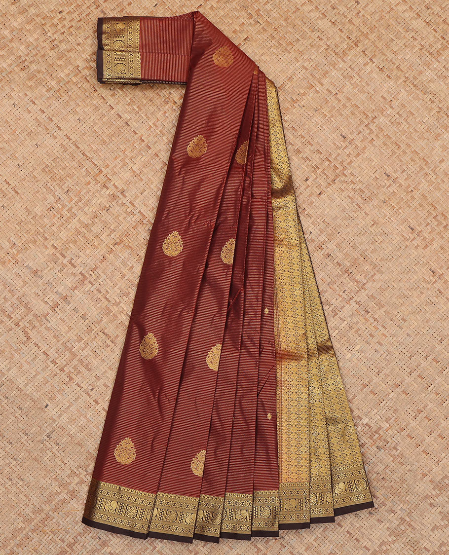 Maroon Budget Silk Saree, Graced with Zari Buttas and Stripes, Complemented by Contrast Traditional Zari Border, a Jaal Pallu and a Contrast Blouse