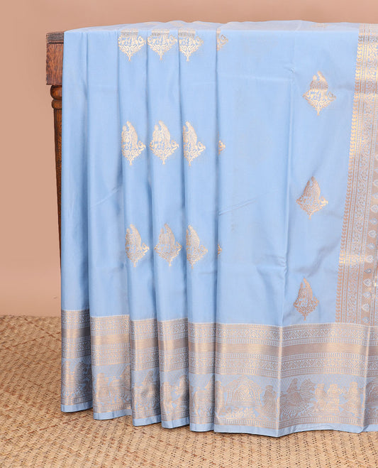 Powder blue floral motifs gift saree with self wedding design border & floral design pallu
