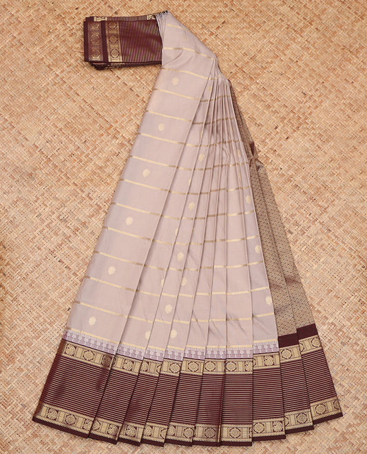 Grey Budget Silk Saree, Embellished with Zari Buttas and Stripes, a Contrast Traditional Zari Border, Grand Pallu, and a Contrast Blouse