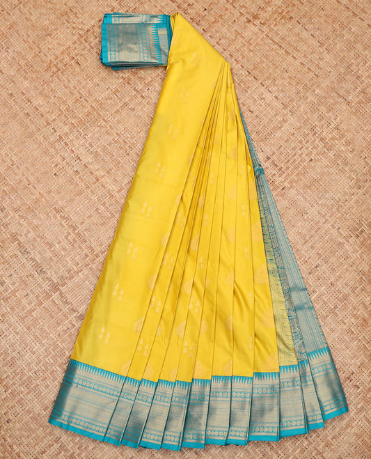 Yellow Budget Silk Saree, Sparsely Woven with Zari Buttas, a Contrast Traditional Zari Border, Intricate Pallu, and a Contrast Blouse