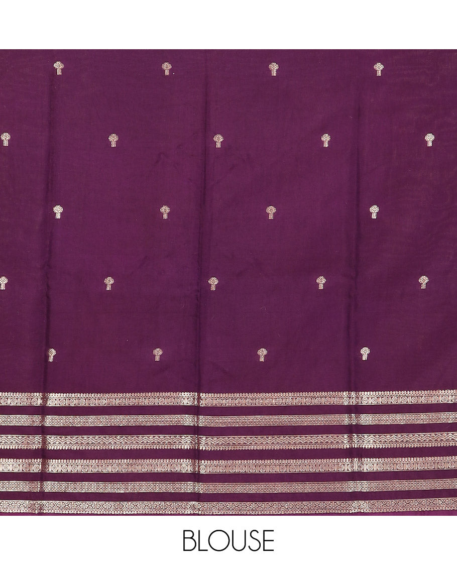 Pink zari buttas Assam silk saree, contrast traditional zari design border, and pallu of zari stripes and buttas