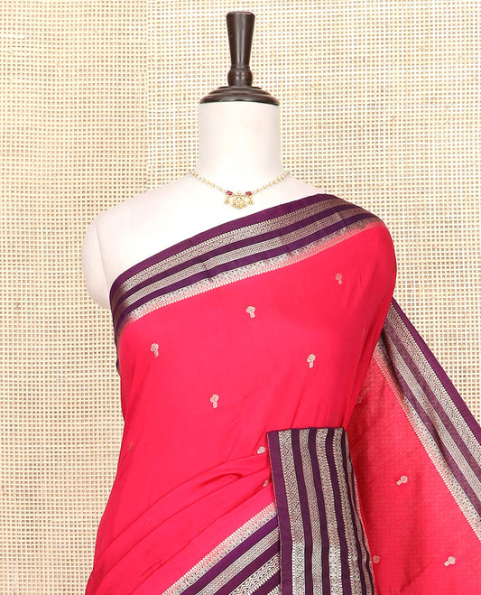 Pink zari buttas Assam silk saree, contrast traditional zari design border, and pallu of zari stripes and buttas