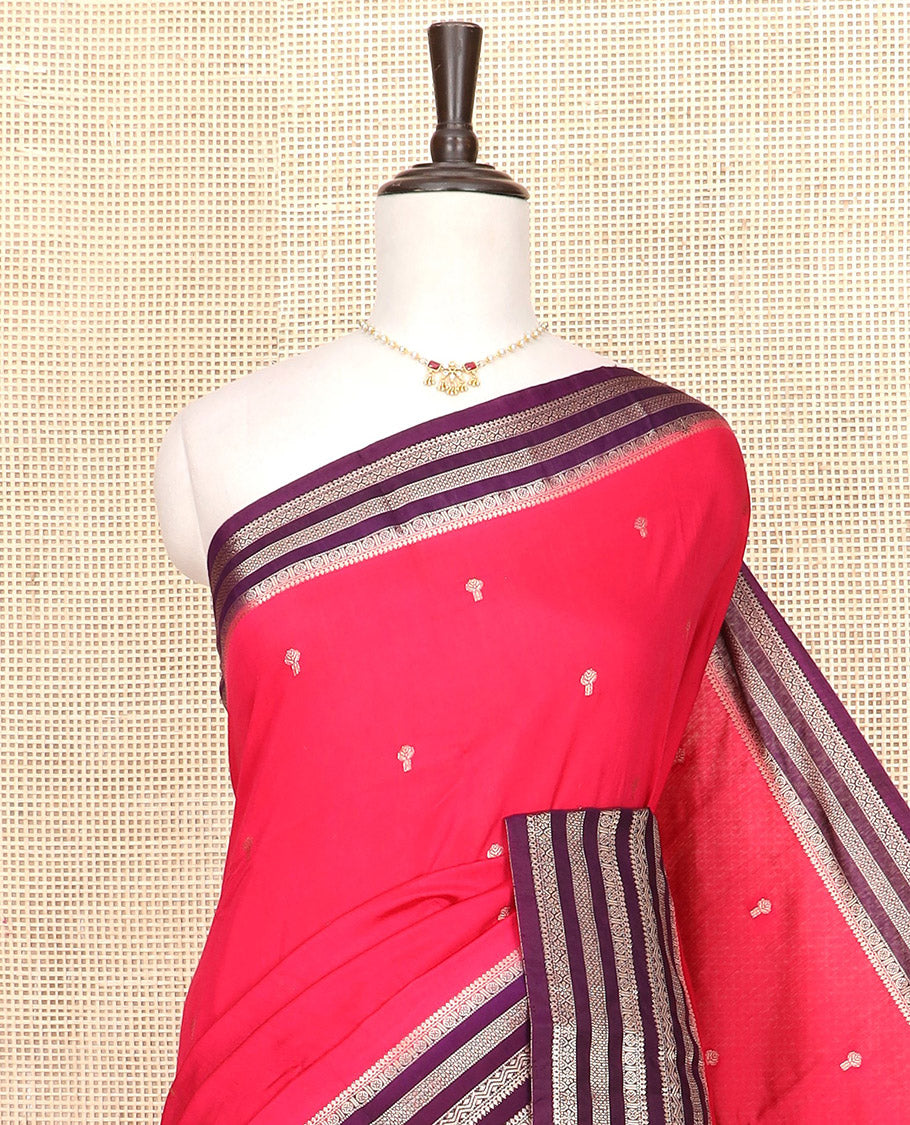 Pink zari buttas Assam silk saree, contrast traditional zari design border, and pallu of zari stripes and buttas