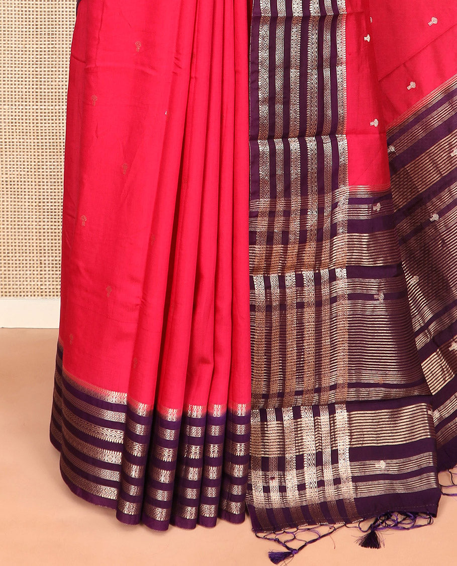 Pink zari buttas Assam silk saree, contrast traditional zari design border, and pallu of zari stripes and buttas