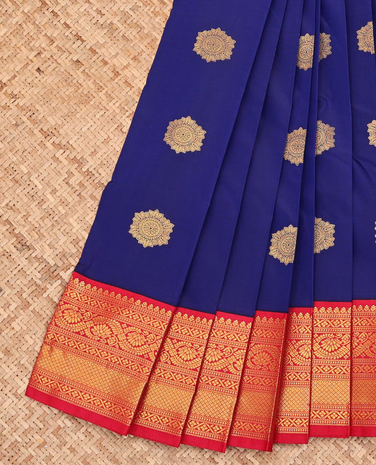 Blue Budget Silk Saree, Gleamed Up with Zari Buttas All Over Its Body, Complemented by a Contrast Traditional Zari Design Border, Grand Jaal Pallu, and Paired with a Contrast Blouse