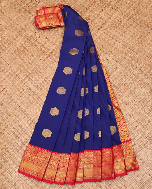 Blue Budget Silk Saree, Gleamed Up with Zari Buttas All Over Its Body, Complemented by a Contrast Traditional Zari Design Border, Grand Jaal Pallu, and Paired with a Contrast Blouse