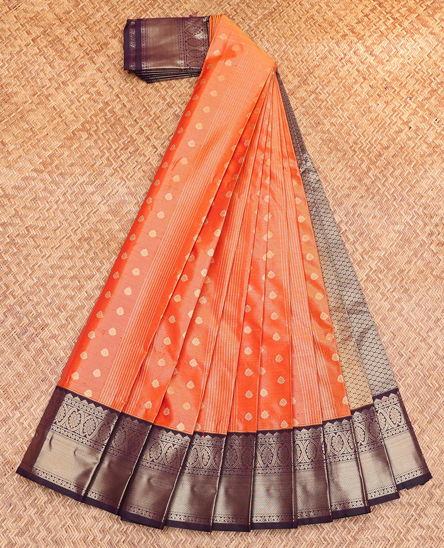 Orange Budget Silk Saree, Detailed with Zari Buttas and Stripes, Contrast Traditional Zari Border, Grand Jaal Pallu, and a Contrast Blouse