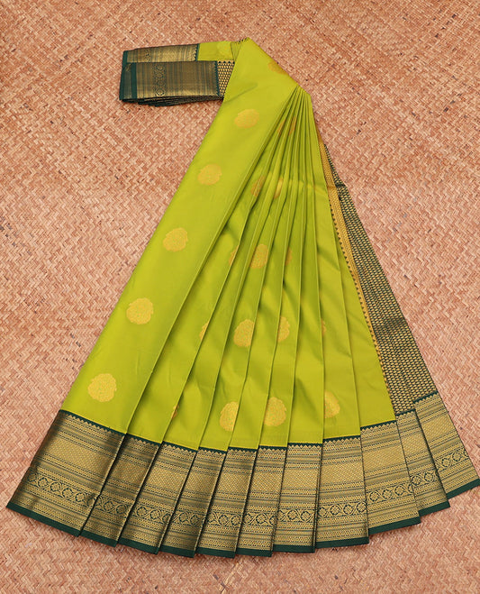Parrot Green Budget Silk Saree, Gleamed Up with Zari Buttas, Complemented by a Contrast Traditional Zari Border, Grand Pallu, and a Contrast Blouse