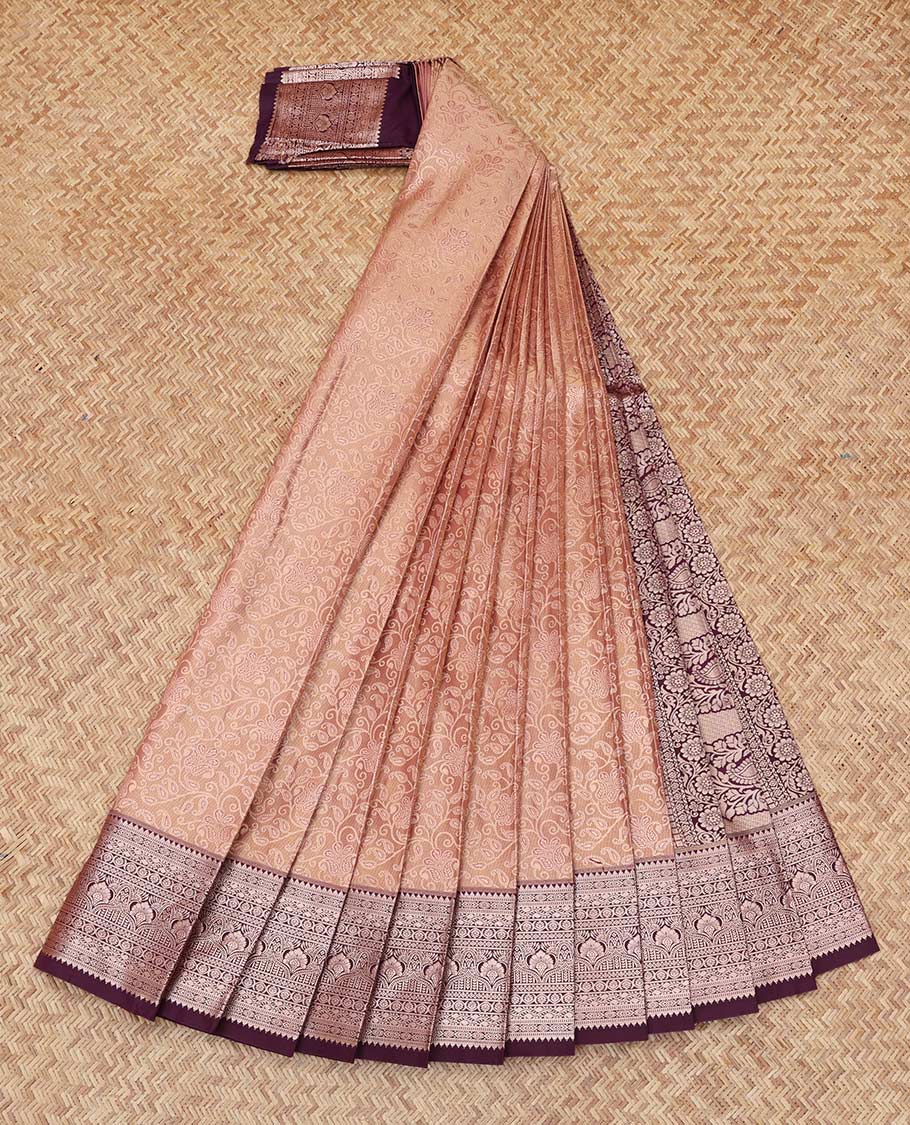 Light Brown Budget Silk Saree, Graced with Jacquard Design, Complemented by Contrast Traditional Zari Border, a Grand Pallu and a Contrast Blouse