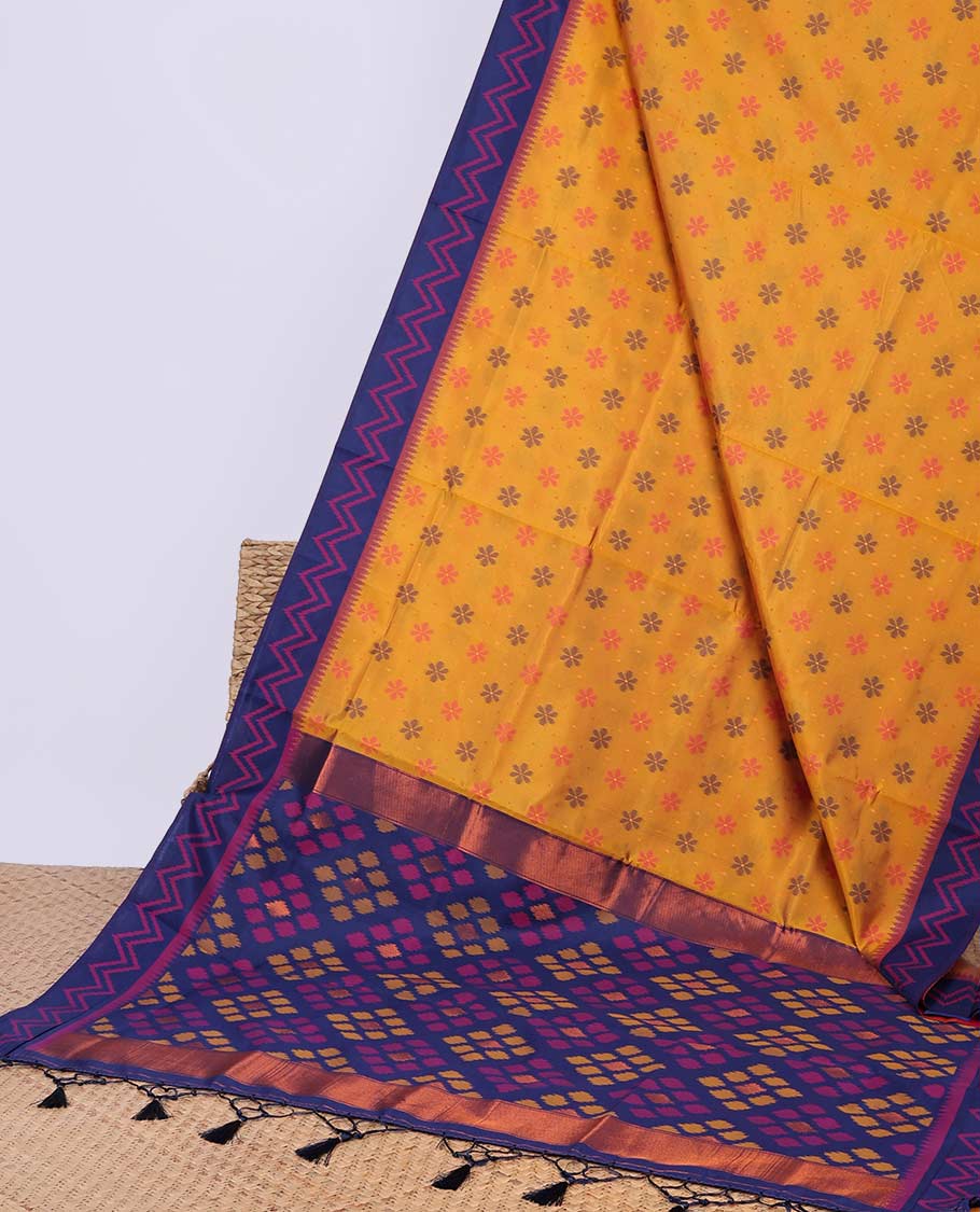 Blue floral motifs butter silk saree with contrast zig zag striped border & geometric motifs pallu