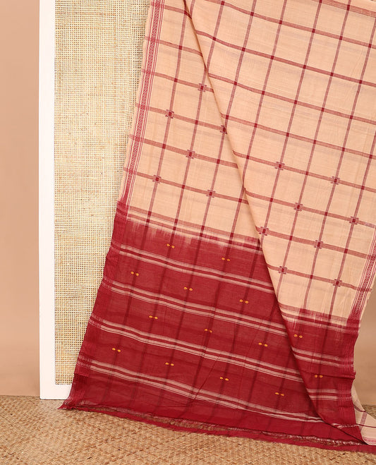 Sandal checked Andhra cotton saree, traditional motifs thread border, and contrast checked pallu