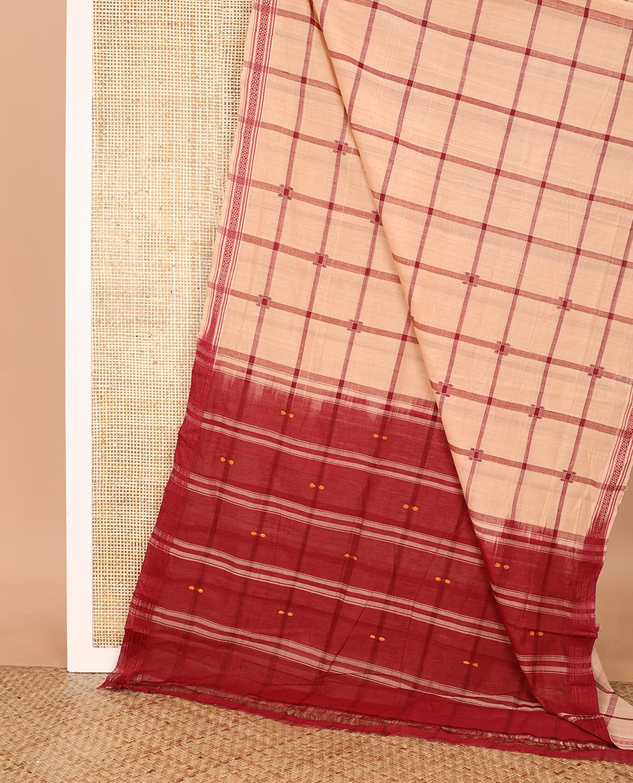 Sandal checked Andhra cotton saree, traditional motifs thread border, and contrast checked pallu