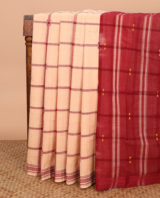 Sandal checked Andhra cotton saree, traditional motifs thread border, and contrast checked pallu