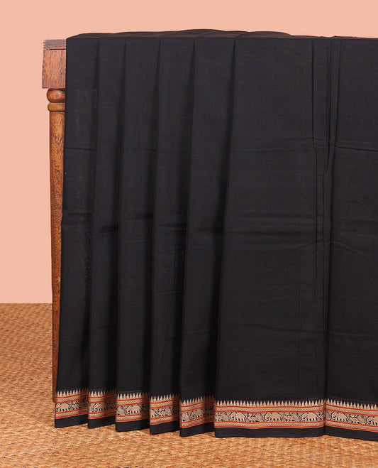Black Plain Narayanpet Cotton Saree, Complemented by a Temple Thread Woven Border of Elephant and Peacock Designs, Subtly Striped Pallu, and Paired with a Matching Blouse