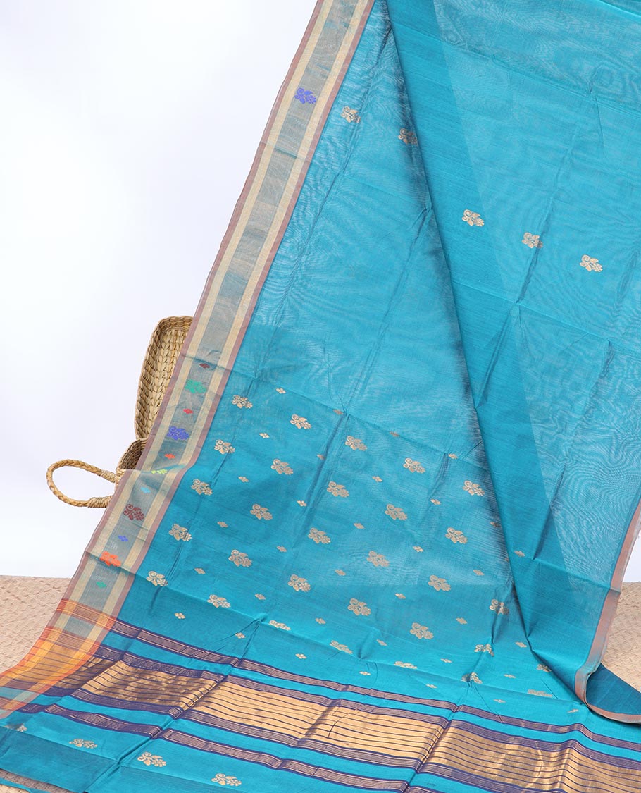 Blue buttas Vengatagiri cotton saree, contrast unique design border & striped pallu