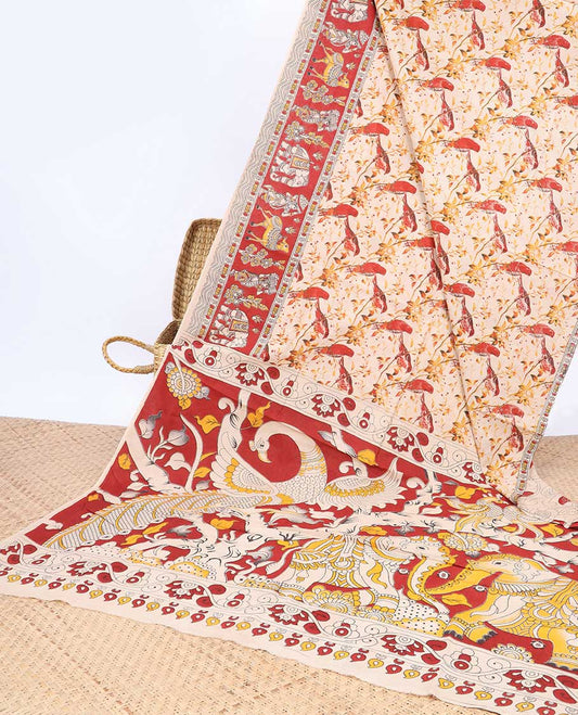 Sandal bird motifs machine-printed kalamkari cotton saree, contrast animal motifs border & pallu