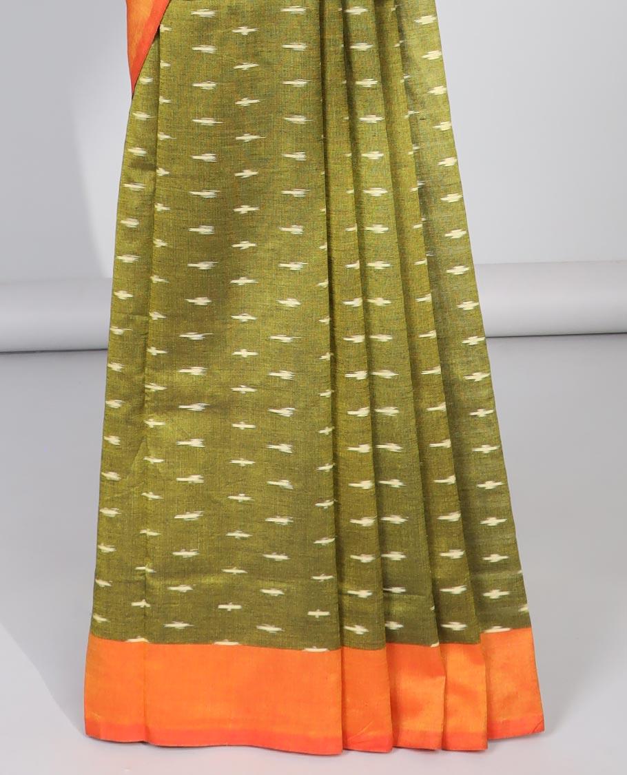 Green geometric design ikkat cotton saree with contrast border & intricate design pallu