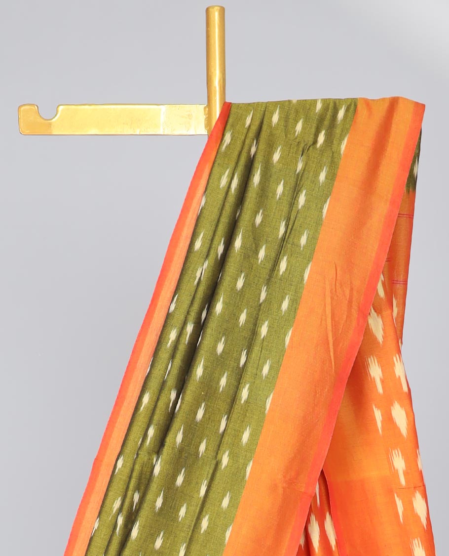 Green geometric design ikkat cotton saree with contrast border & intricate design pallu