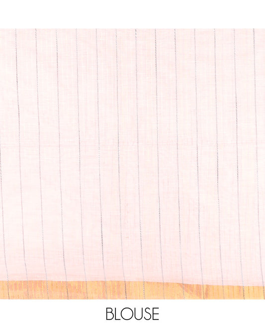 Pink plain jute cotton saree, zari border, and striped pallu