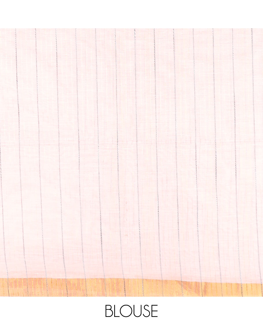 Pink plain jute cotton saree, zari border, and striped pallu