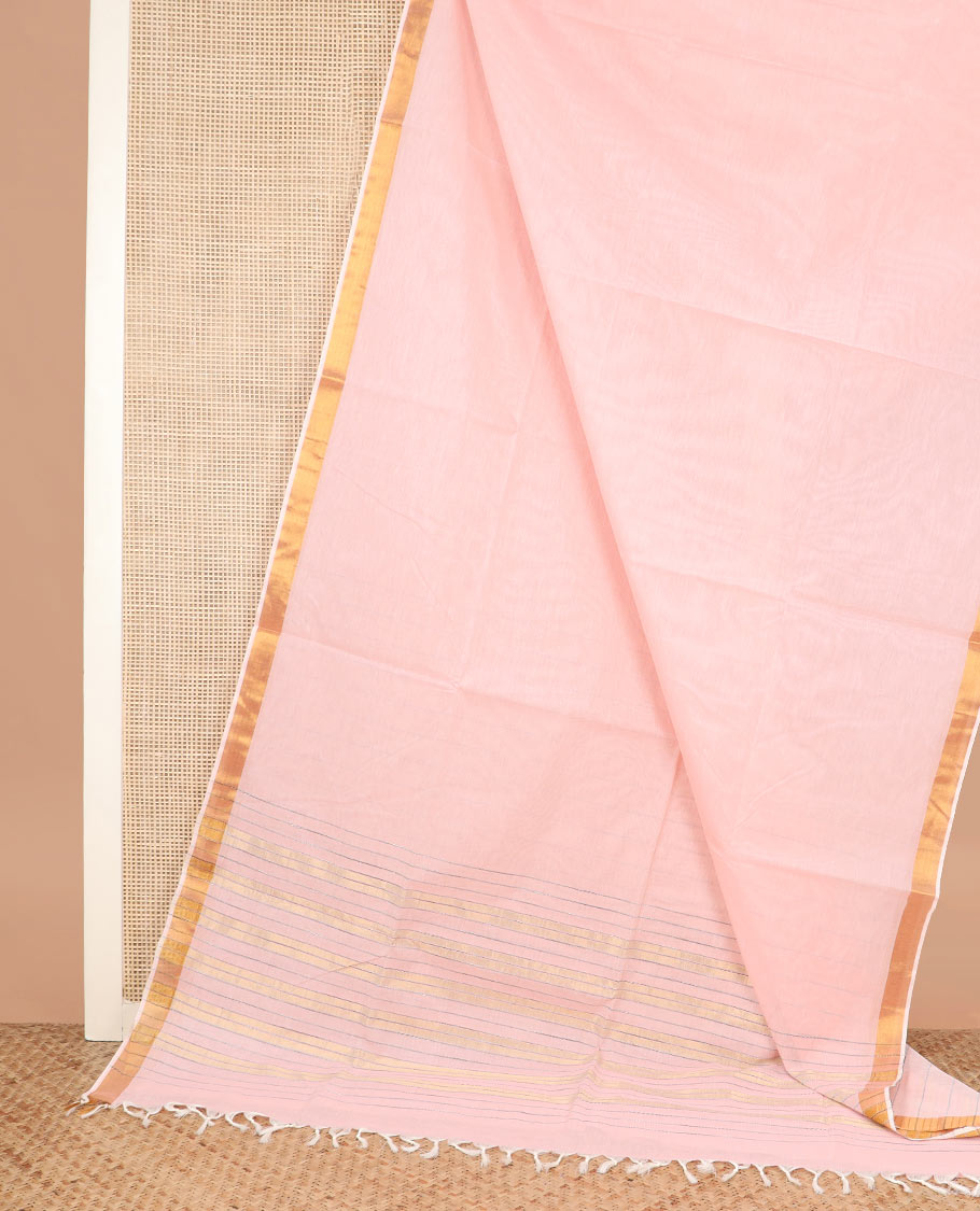 Pink plain jute cotton saree, zari border, and striped pallu