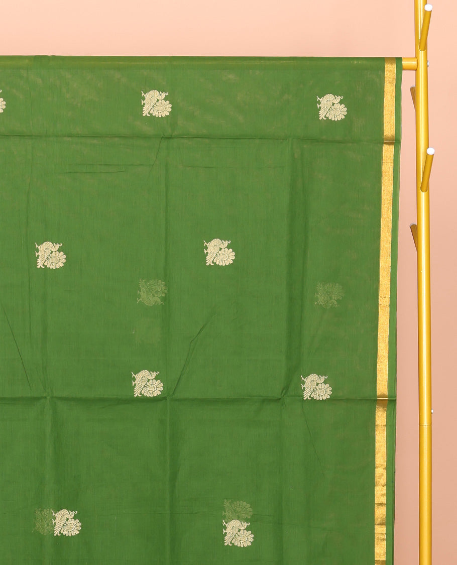 Parrot Green Venkatagiri Cotton Saree, Highlighted by Peacock Buttas, a Contrast Traditional Zari Border, Pallu of Stripes and Buttas, and No Blouse