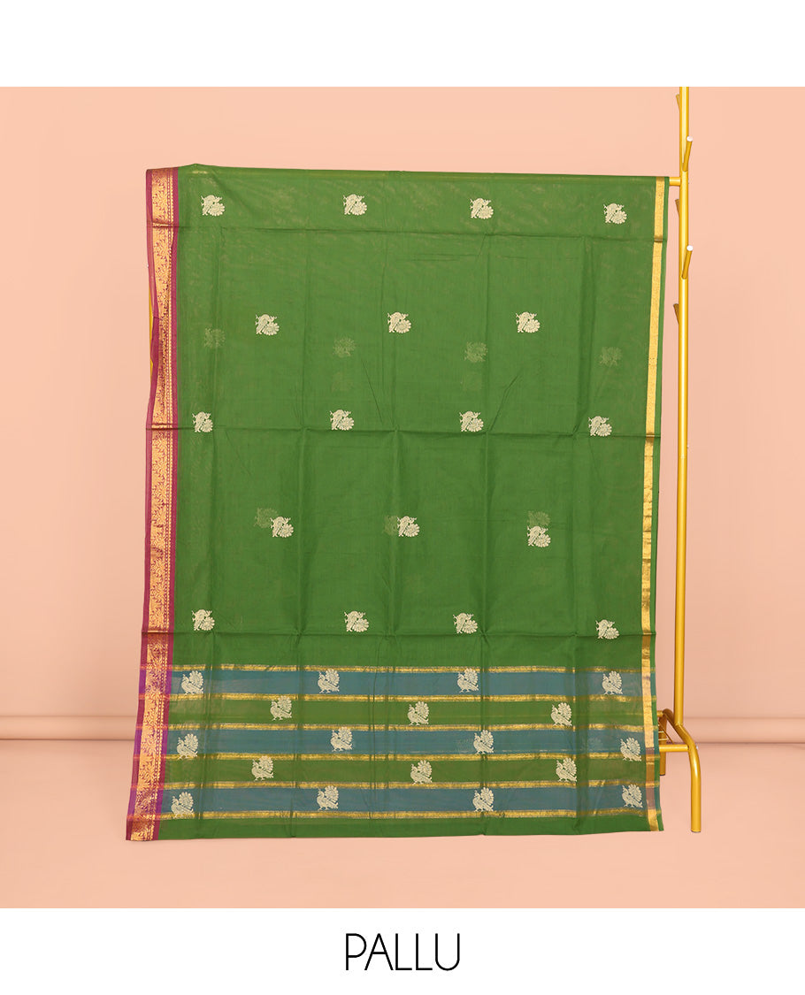 Parrot Green Venkatagiri Cotton Saree, Highlighted by Peacock Buttas, a Contrast Traditional Zari Border, Pallu of Stripes and Buttas, and No Blouse