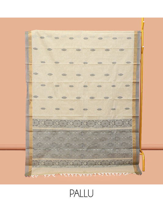 Off-White Kanchi Cotton Saree, Accentuated with Buttas, Complemented by a Contrast Border, Ogee Patterned Pallu, and a Matching Blouse