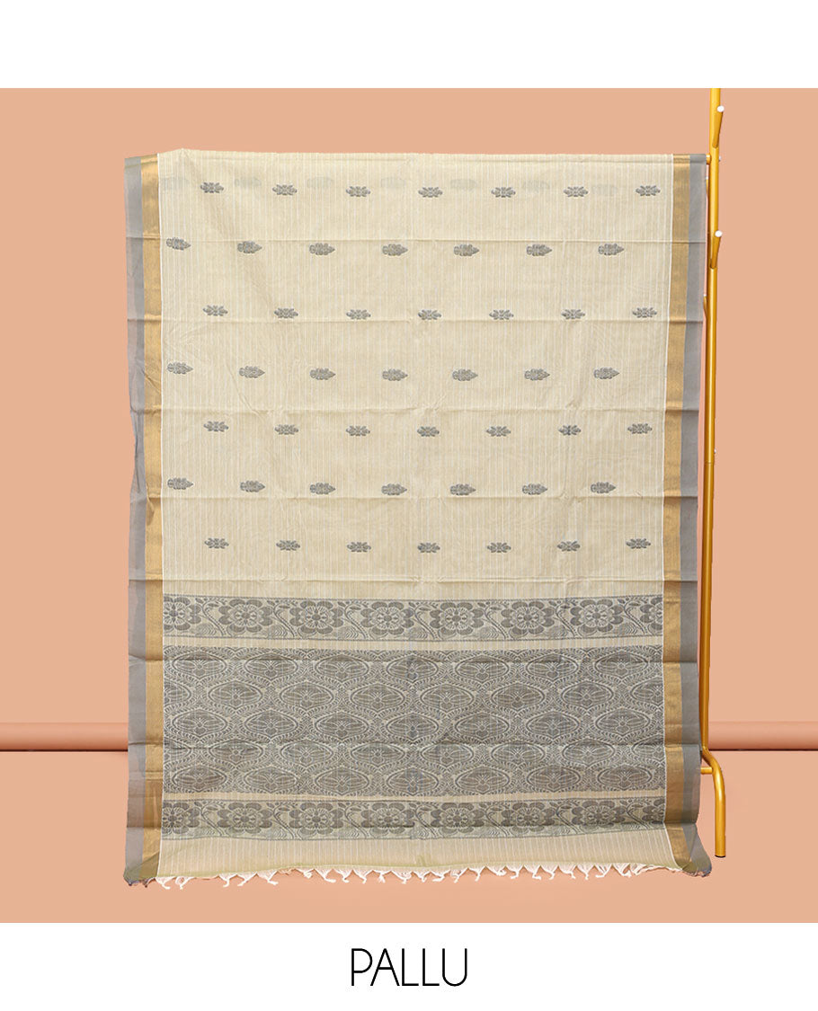 Off-White Kanchi Cotton Saree, Accentuated with Buttas, Complemented by a Contrast Border, Ogee Patterned Pallu, and a Matching Blouse