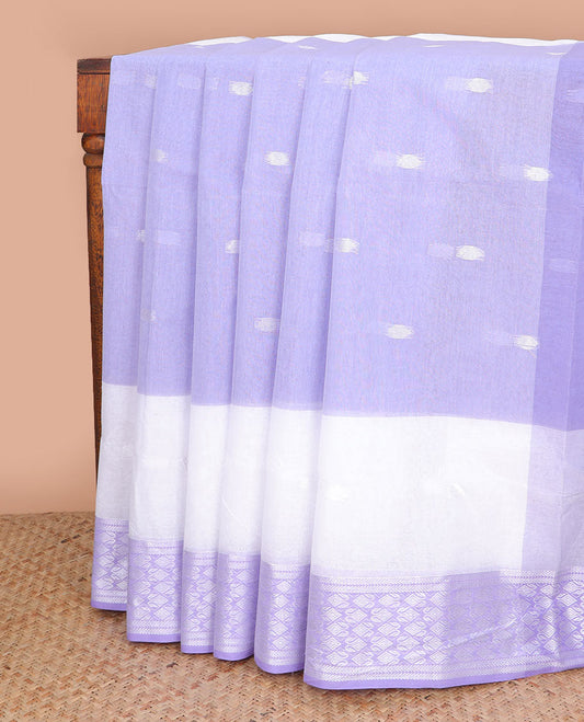 White with Lavender motifs bangal cotton saree with contrast floral design border & striped pallu