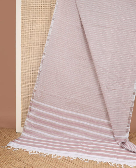 Pale brown striped jute cotton saree, zari border & striped pallu