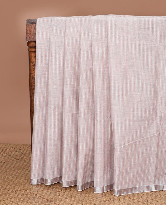 Pale brown striped jute cotton saree, zari border & striped pallu