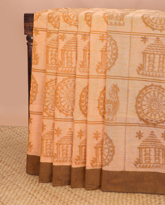 Mustard intricate design ikkat cotton saree with contrast border & floral design pallu