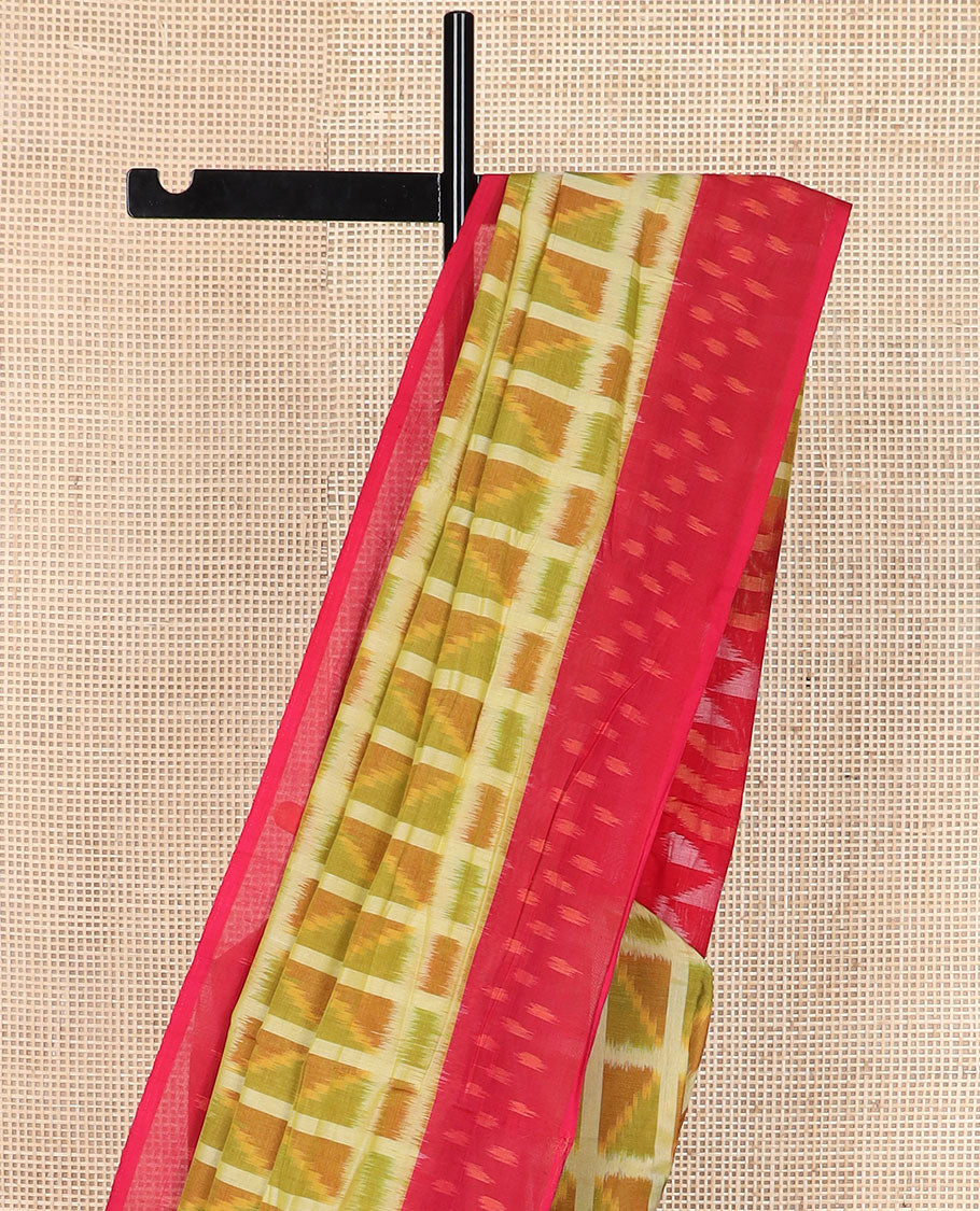 Green geometric-patterned Pochampally cotton saree, contrast ikkat border & pallu of ikkat zig-zag stripes & triangles