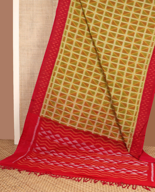 Green geometric-patterned Pochampally cotton saree, contrast ikkat border & pallu of ikkat zig-zag stripes & triangles