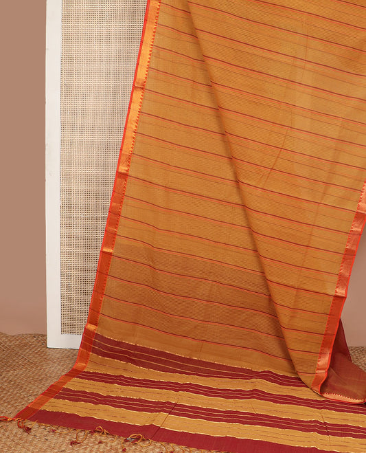Brown striped vankatagiri cotton saree with contrast zari design border & pallu of stripes
