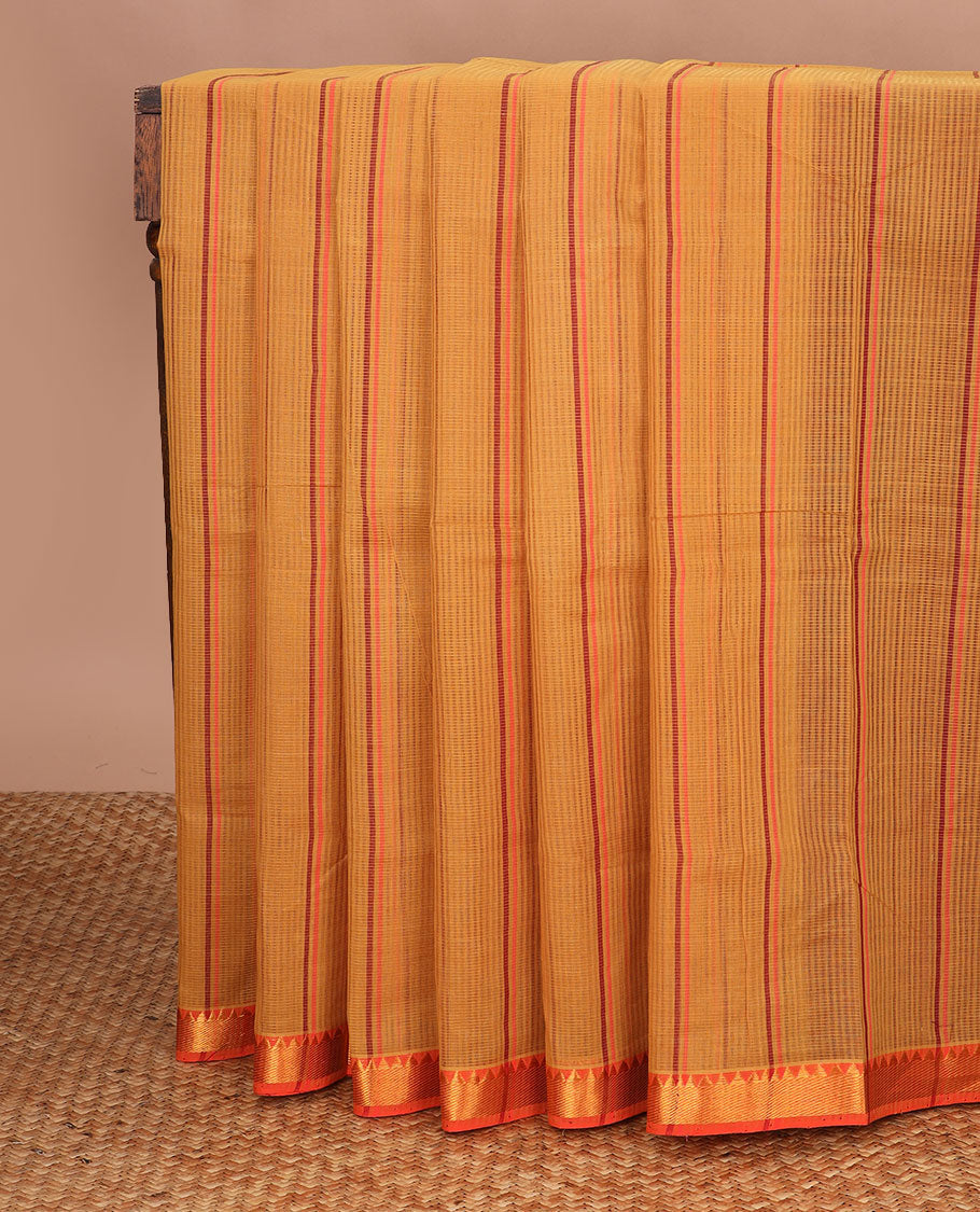 Brown striped vankatagiri cotton saree with contrast zari design border & pallu of stripes