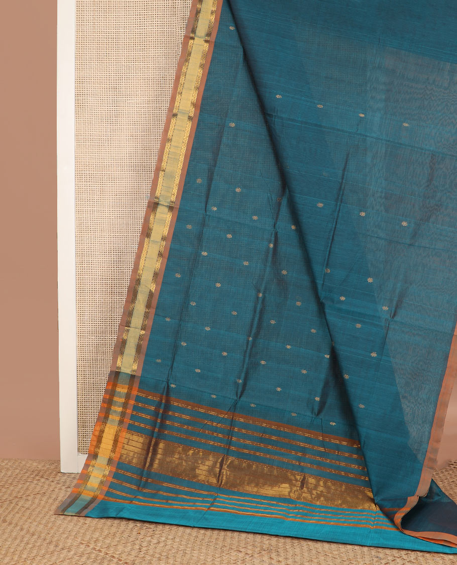 Blue zari buttas Venkatagiri cotton saree, contrast zari design border & pallu of zari stripes