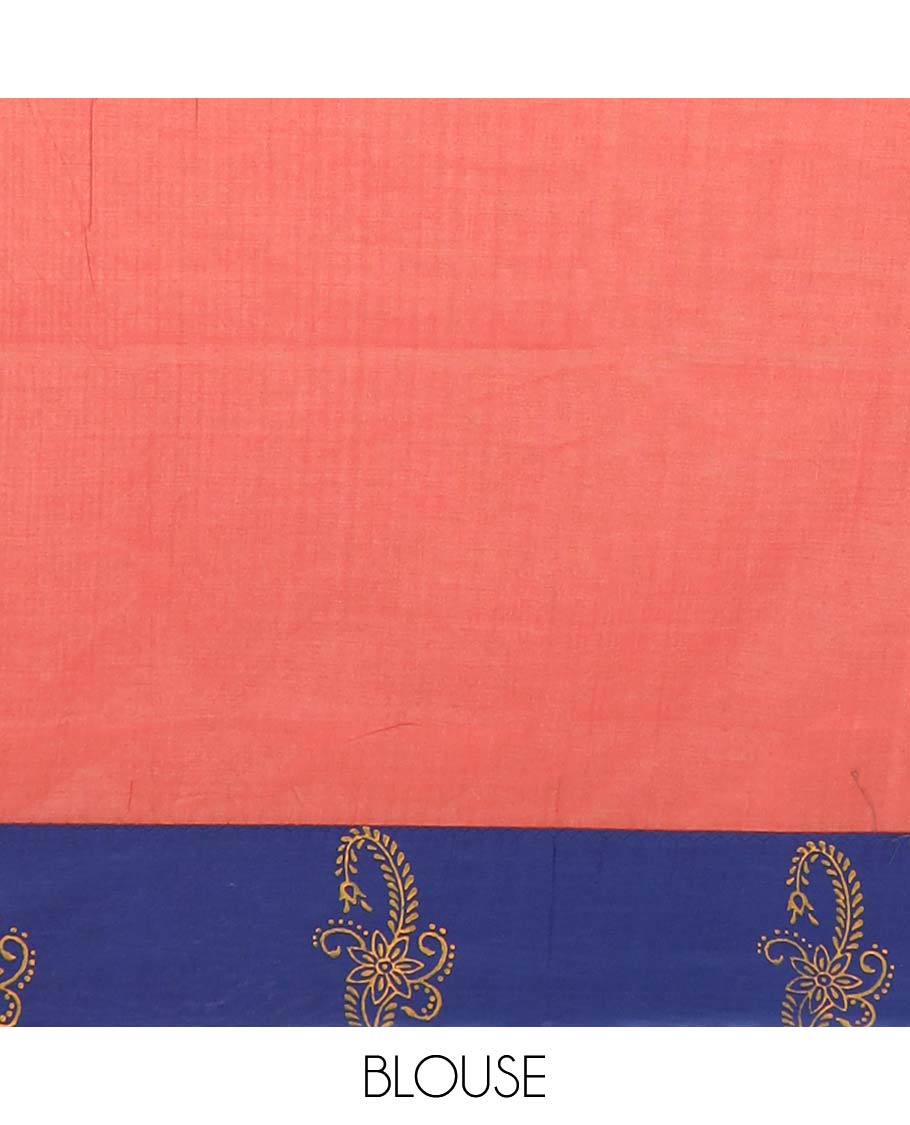 Blue paisley-style motifs printed poly cotton saree, contrast floral print with mirror work border, and  butta enclosed jaal pallu